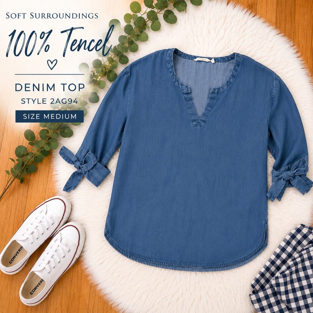 Soft Surroundings 100% Tencel Denim Top Blue Tie Sleeve Blouse Size Medium